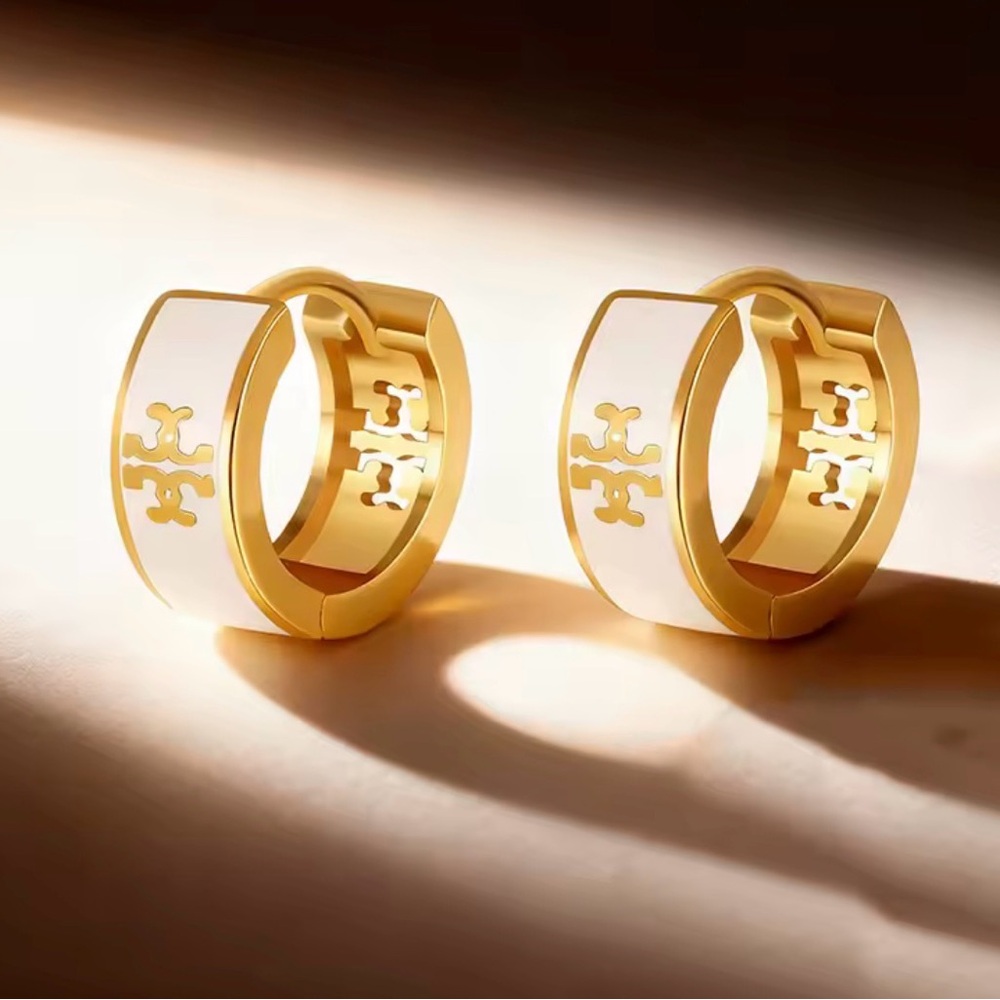New Gloss White & Gold Luxe Cross Celtic Small Huggie Hoop Earrings